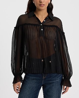 Sheer Collared Long Sleeve Pleated Top