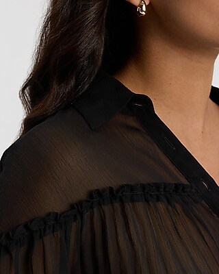 Sheer Collared Long Sleeve Pleated Top