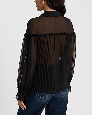 Sheer Collared Long Sleeve Pleated Top