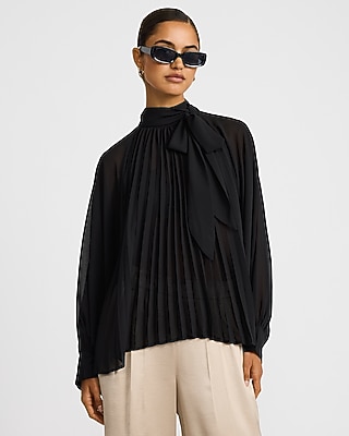 Tie Neck Balloon Sleeve Pleated Top