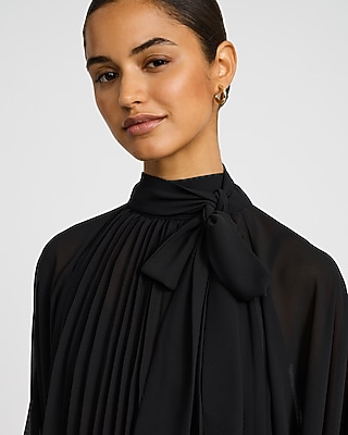 Tie Neck Balloon Sleeve Pleated Top
