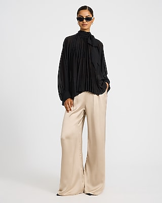 Tie Neck Balloon Sleeve Pleated Top