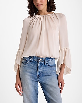 Satin Crinkle Half Flare Sleeve Banded Bottom Top