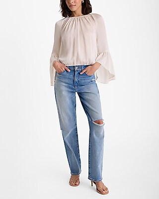 Satin Crinkle Half Flare Sleeve Banded Bottom Top