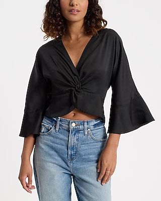 Satin V-Neck Flutter Sleeve Twist Front Cropped Top