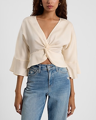 Satin V-neck Flutter Sleeve Twist Front Cropped Top