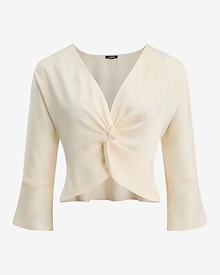Satin V-Neck Flutter Sleeve Twist Front Cropped Top - image 4