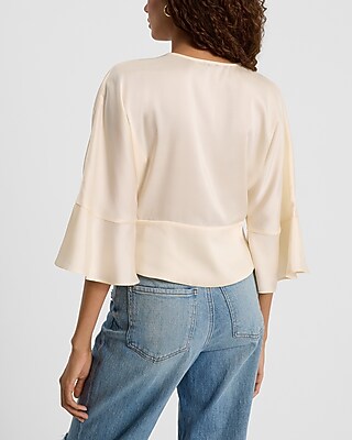 Satin V-Neck Flutter Sleeve Twist Front Cropped Top - image 2