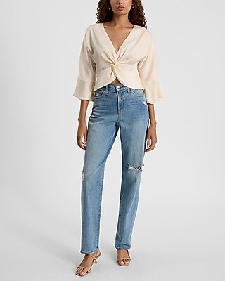 Satin V-Neck Flutter Sleeve Twist Front Cropped Top - image 3