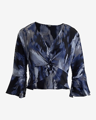 Printed Satin V-Neck Flutter Sleeve Twist Front Cropped Top