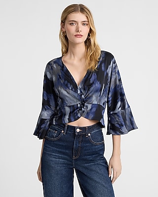 Printed Satin V-Neck Flutter Sleeve Twist Front Cropped Top