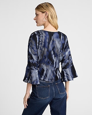 Printed Satin V-Neck Flutter Sleeve Twist Front Cropped Top