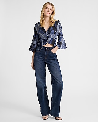 Printed Satin V-Neck Flutter Sleeve Twist Front Cropped Top