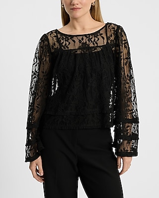 Sheer Lace Ruffle Long Sleeve Bow Back Top