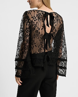 Sheer Lace Ruffle Long Sleeve Bow Back Top