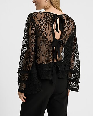 Sheer Lace Ruffle Long Sleeve Bow Back Top
