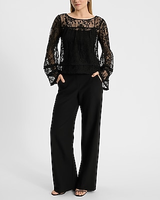 Sheer Lace Ruffle Long Sleeve Bow Back Top