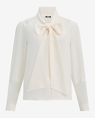 Satin Lace Pieced Tie Neck Button Front Top