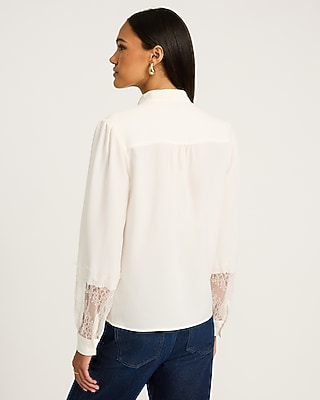 Satin Lace Pieced Tie Neck Button Front Top