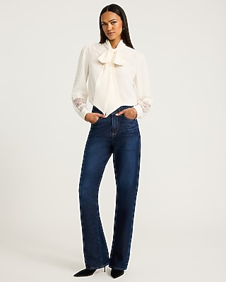 Satin Lace Pieced Tie Neck Button Front Top
