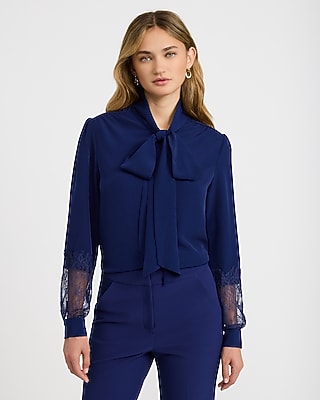 Satin Lace Pieced Tie Neck Button Front Top