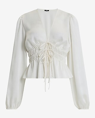 V-Neck Long Sleeve Smocked Tie Front Top