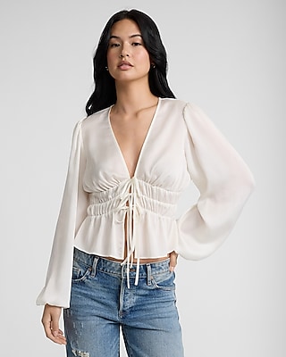 V-Neck Long Sleeve Smocked Tie Front Top