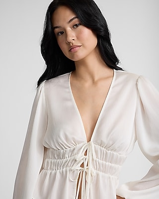 V-Neck Long Sleeve Smocked Tie Front Top