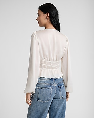 V-Neck Long Sleeve Smocked Tie Front Top