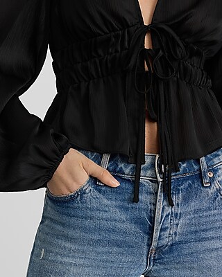 V-Neck Long Sleeve Smocked Tie Front Top
