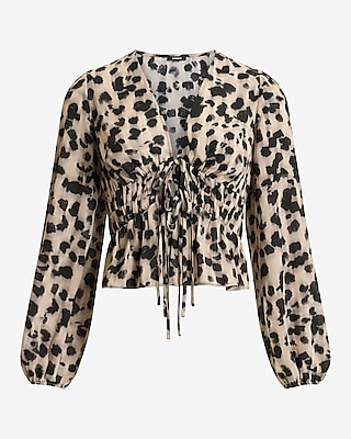 Leopard Smocked Tie Front Long Sleeve Top