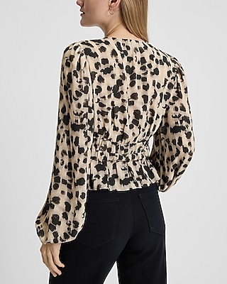 Leopard Smocked Tie Front Long Sleeve Top