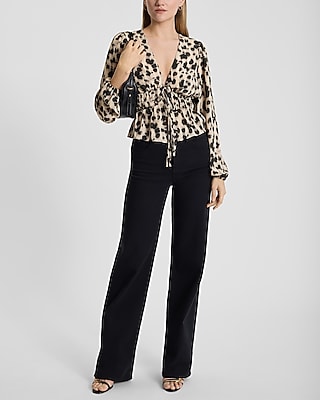 Leopard Smocked Tie Front Long Sleeve Top