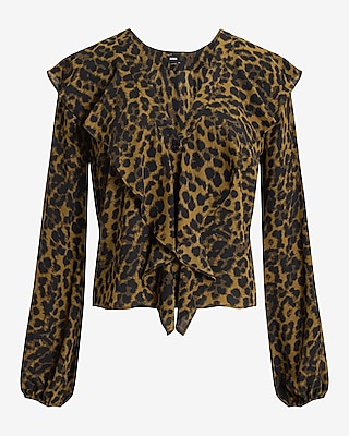 Leopard Ruffle Button Front Long Sleeve Top