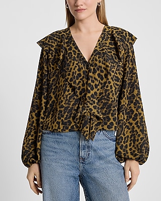 Leopard Ruffle Button Front Long Sleeve Top