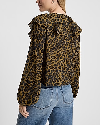 Leopard Ruffle Button Front Long Sleeve Top