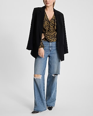 Leopard Ruffle Button Front Long Sleeve Top