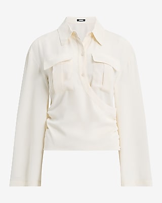Two Pocket Long Sleeves Surplice Top