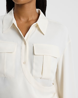 Two Pocket Long Sleeves Surplice Top