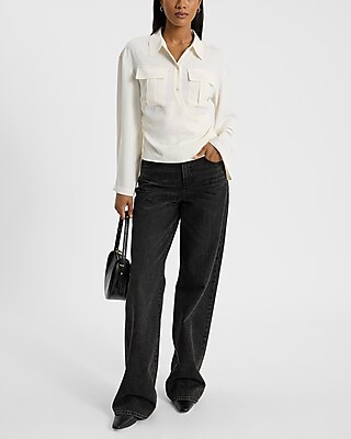 Two Pocket Long Sleeves Surplice Top