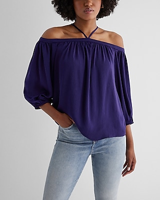 Off The Shoulder Halter Long Sleeve Top Black Women's XS