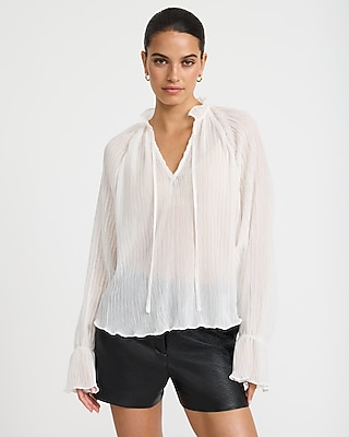 Sheer Textured Tie Neck Long Sleeve Top | Express
