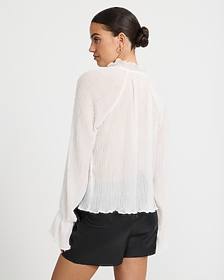 Sheer Textured Tie Neck Long Sleeve Top | Express