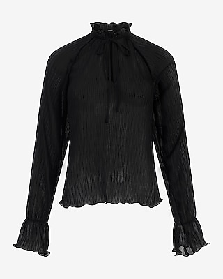 Sheer Textured Tie Neck Long Sleeve Top - thumbnail 5