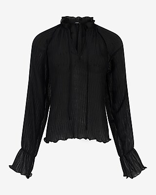 Sheer Textured Tie Neck Long Sleeve Top - thumbnail 6