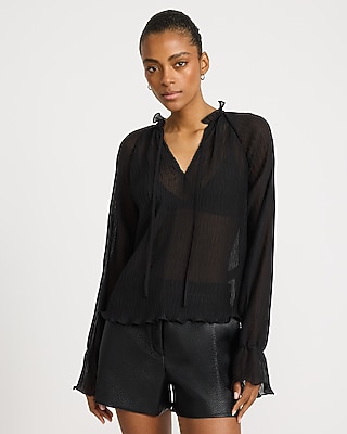 Sheer Textured Tie Neck Long Sleeve Top
