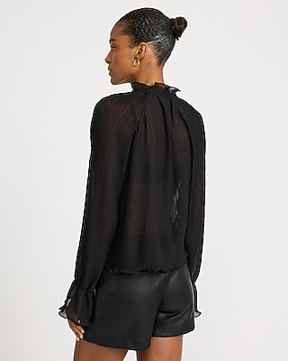 Sheer Textured Tie Neck Long Sleeve Top - thumbnail 3