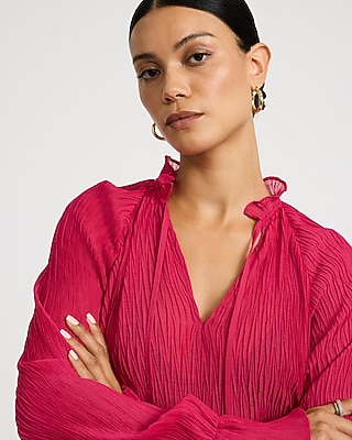 Sheer Textured Tie Neck Long Sleeve Top - thumbnail 8