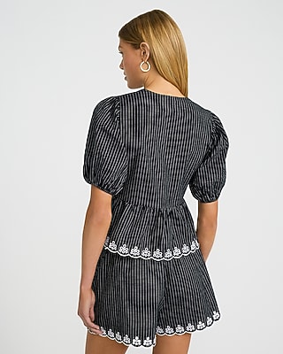 Linen-Blend Striped Eyelet Scalloped Tie Front Top