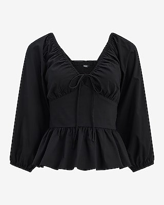 Stretch Cotton Poplin Tie Front Balloon Sleeve Peplum Top